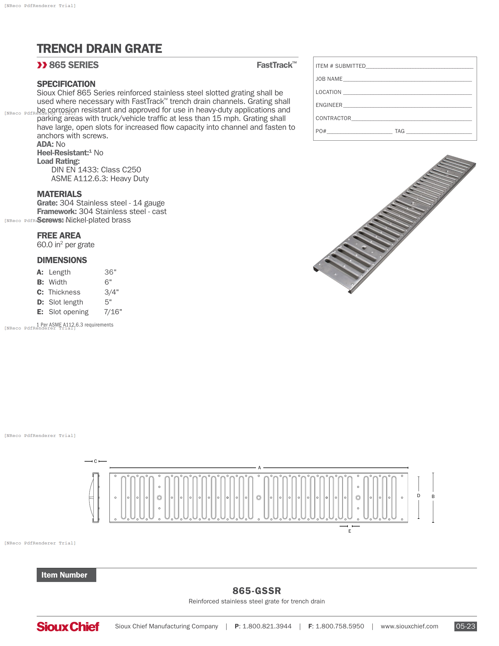 865-GSSR - FASTTRACK REINFORCED STAINLESS GRATE - SPEC SHEET.PDF Specification Document